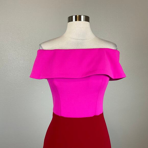 Betsy & Adam Colorful Off the Shoulder Evening Gown Size 2 Pink and Red Formal - Picture 5 of 11